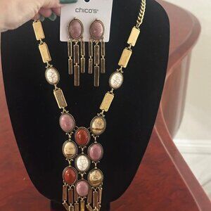 CHICOS RHODONITE AND JASPER NECKLACE AND EARRINGS SET.